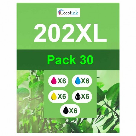 Pack de 30 cartouches compatibles 202XL Epson 6 noirs photo, 6 noirs, 6 cyan, 6 magenta, 6 jaune Pack de 30 cartouches compatibles 202XL Epson 6 noirs photo, 6 noirs, 6 cyan, 6 magenta, 6 jaune