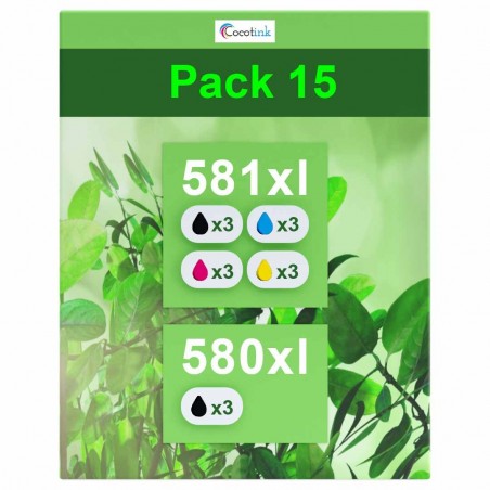 compatible Canon PGI-580 CLI-581 Pack de 15 cartouches d'encre Noir, Noir pigmenté , Cyan , Magenta , Jaune compatible Canon PGI-580 CLI-581 Pack de 15 cartouches d'encre Noir, Noir pigmenté , Cyan , Magenta , Jaune